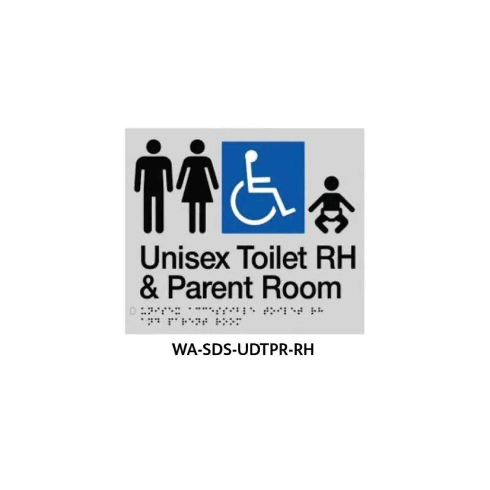 3Monkeez WA-SDS-UDTPR-RH - Braille Sign Unisex Disabled Toilet and Parent Room RHS (Silver)