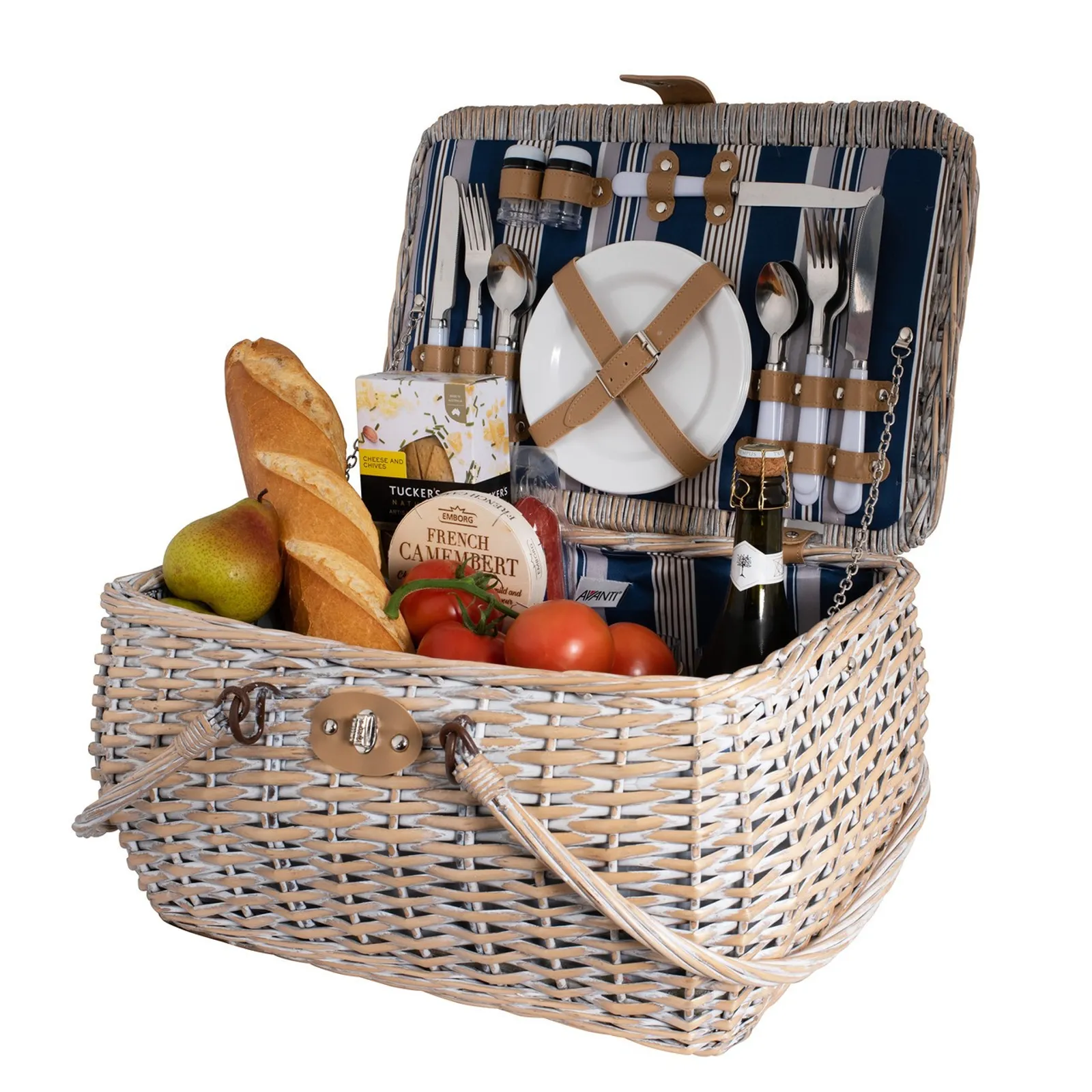 Avanti 60378 - 4 Person Drop Handle Picnic Basket - Willow Wicker Hampton Stripe