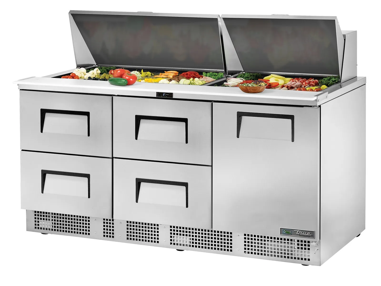 True Refrigeration TFP-72-30M-D-4-HC - Prep Table, 30x 1/6 Top Pans, 4 Drawers + 1 Solid Swing Door