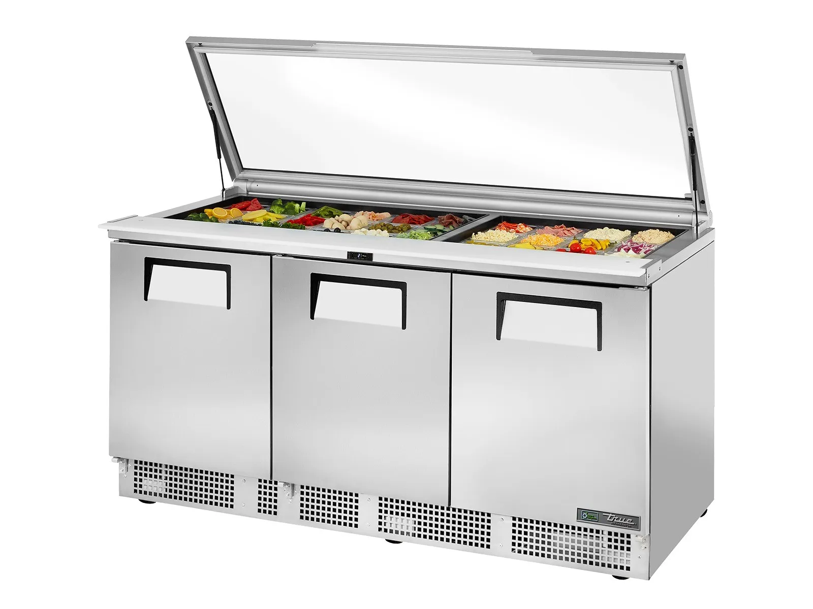 True Refrigeration TFP-72-30M-FGLID-HC - Glass Lid Prep Table, 30x 1/6 Top Pans, 3 Solid Swing Doors