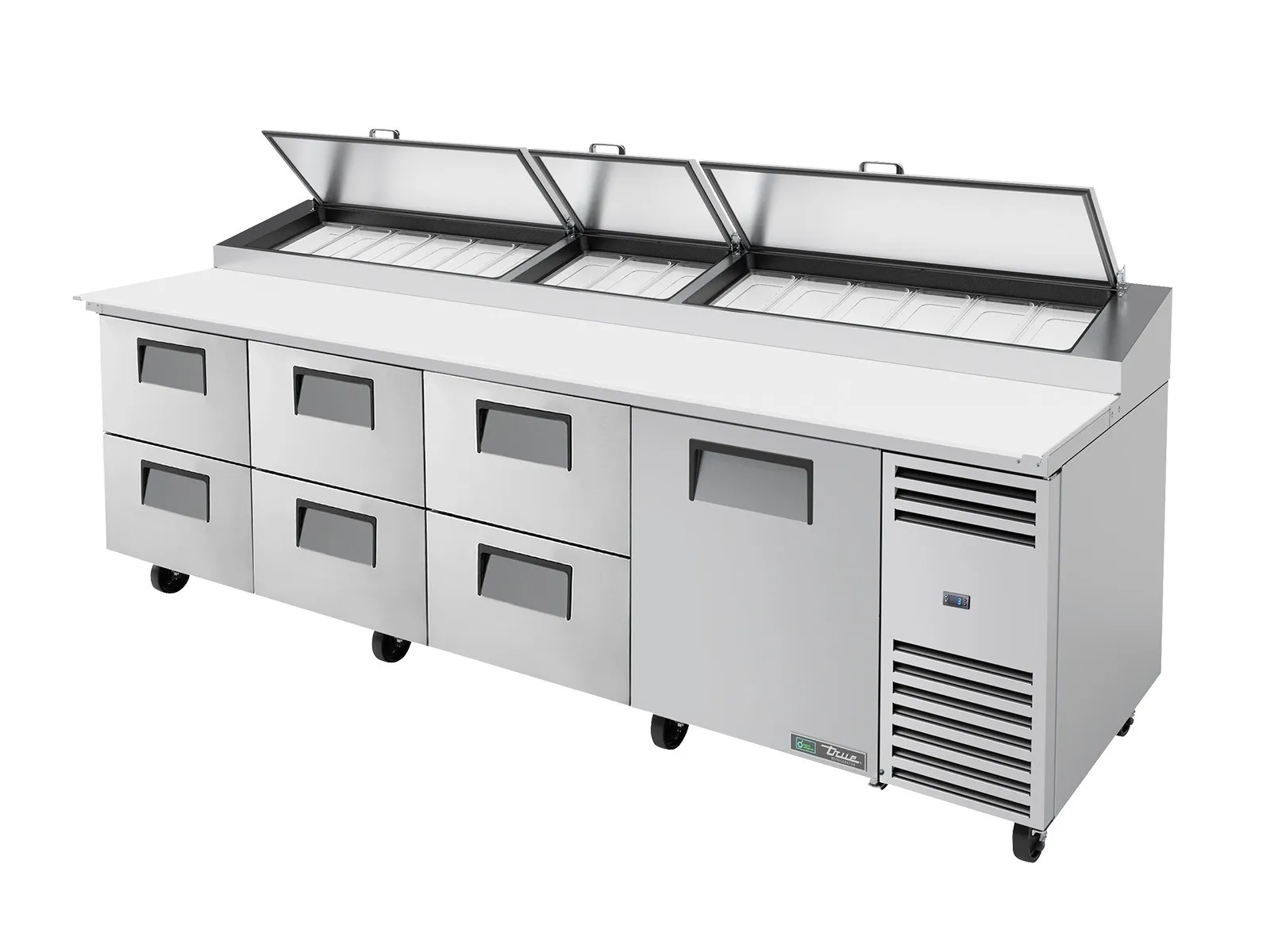 True Refrigeration TPP-AT-119D-6-HC - Pizza Prep Table, 15x 1/3 Top Pans, 6 Drawers + 1 Solid Swing Door